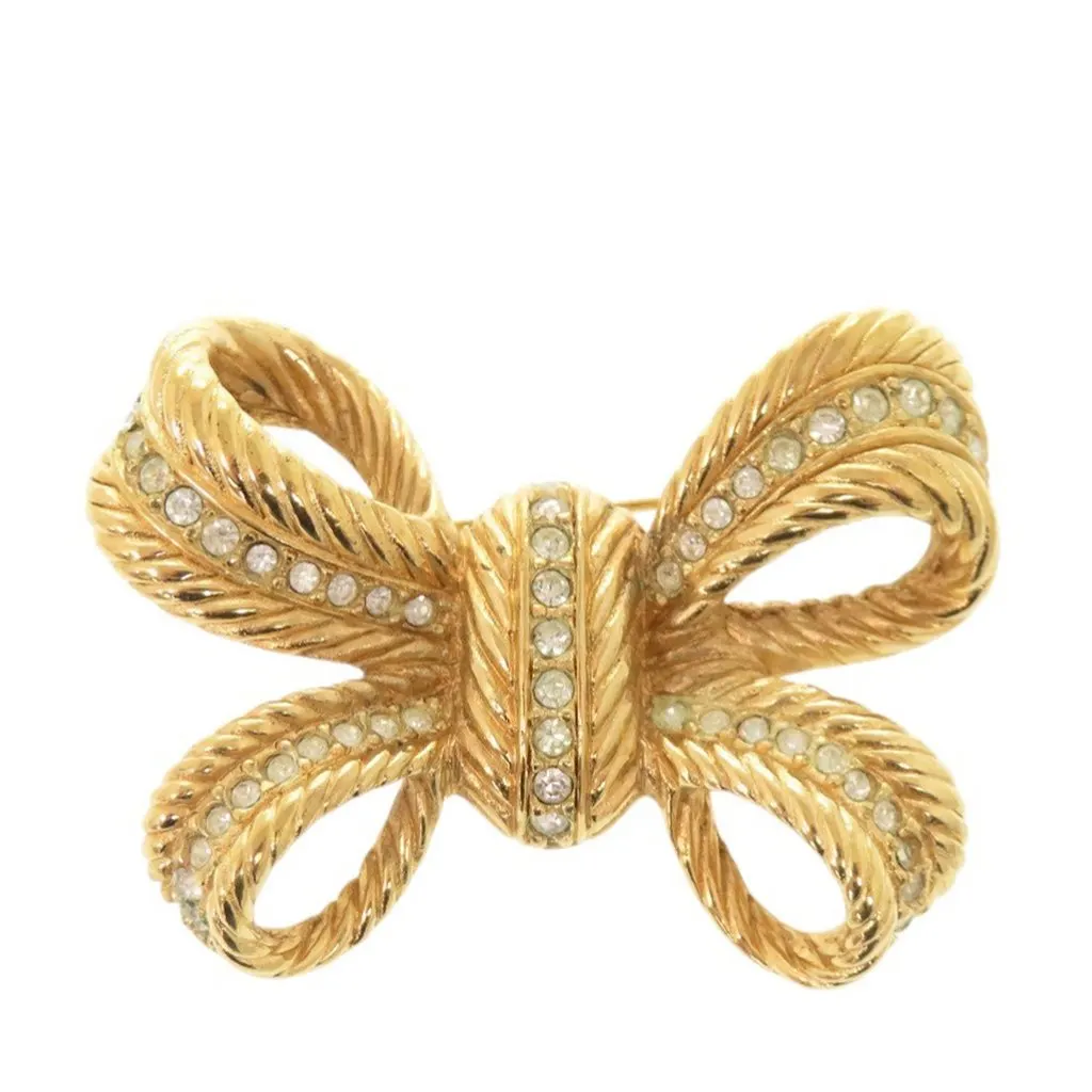 Dior Gold Plated Strass Bow Brooch Gold Metal Very good - Front View