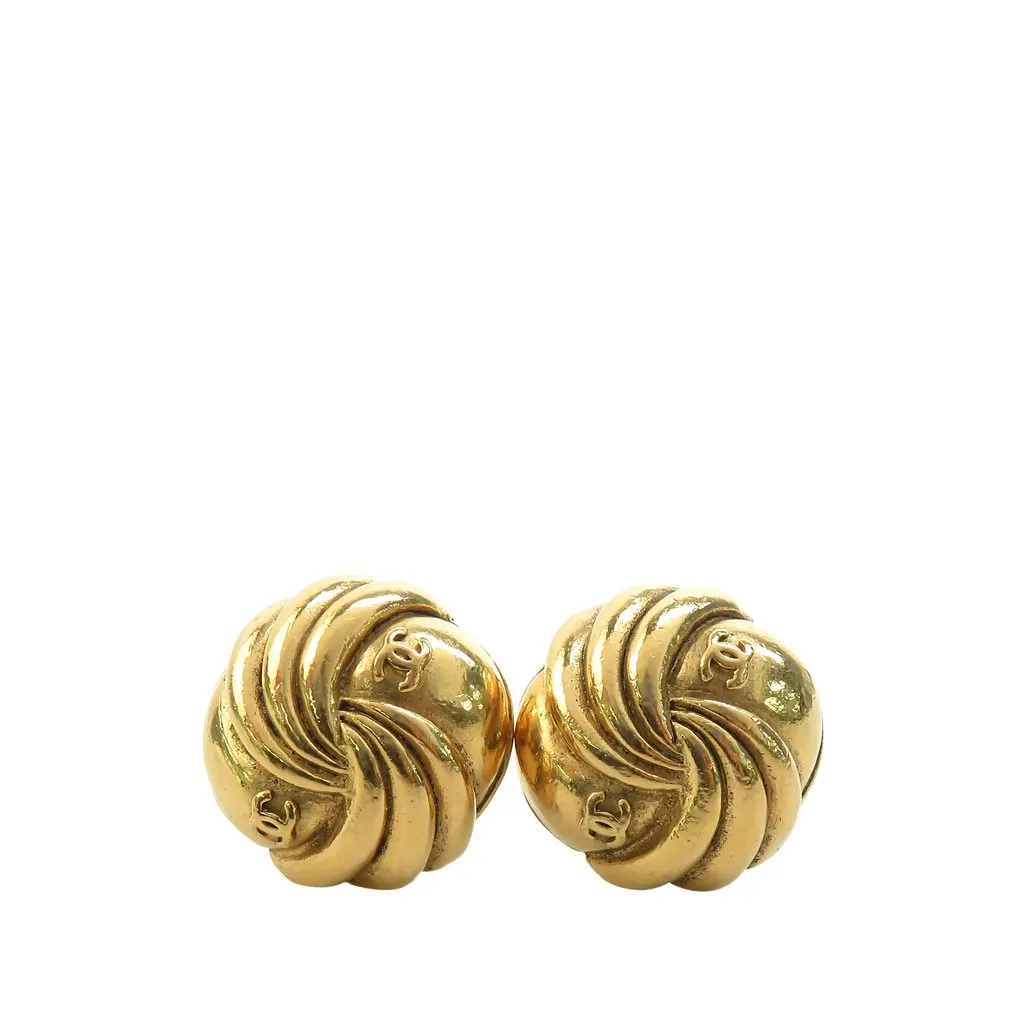 Chanel CC Gold Plated Swirl Button Clip On Earrings Gold Metal Very good - Front View