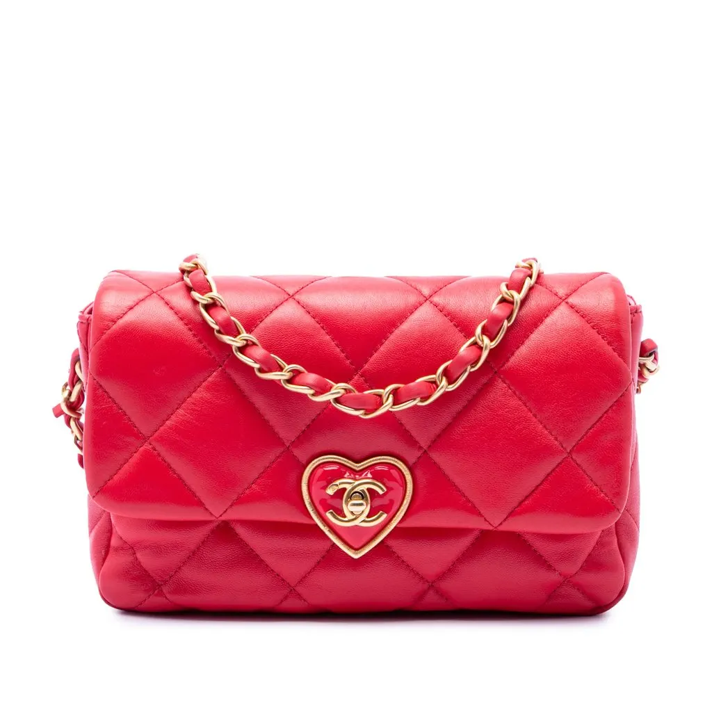 Chanel Small Quilted Lambskin Coco Love Flap Red Leather Very good - Front View