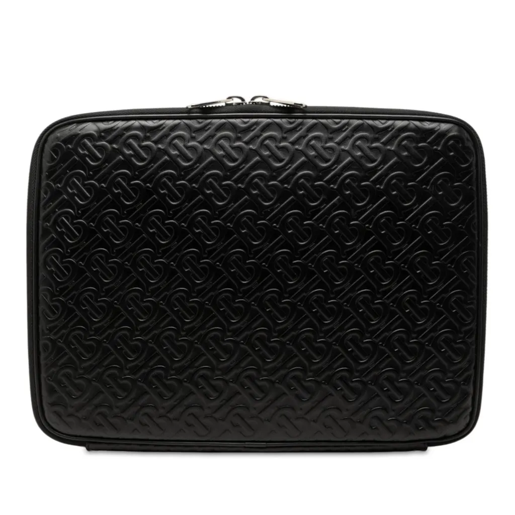 Burberry TB Monogram Embossed Calfskin Laptop Case Black Leather Very good - Front View