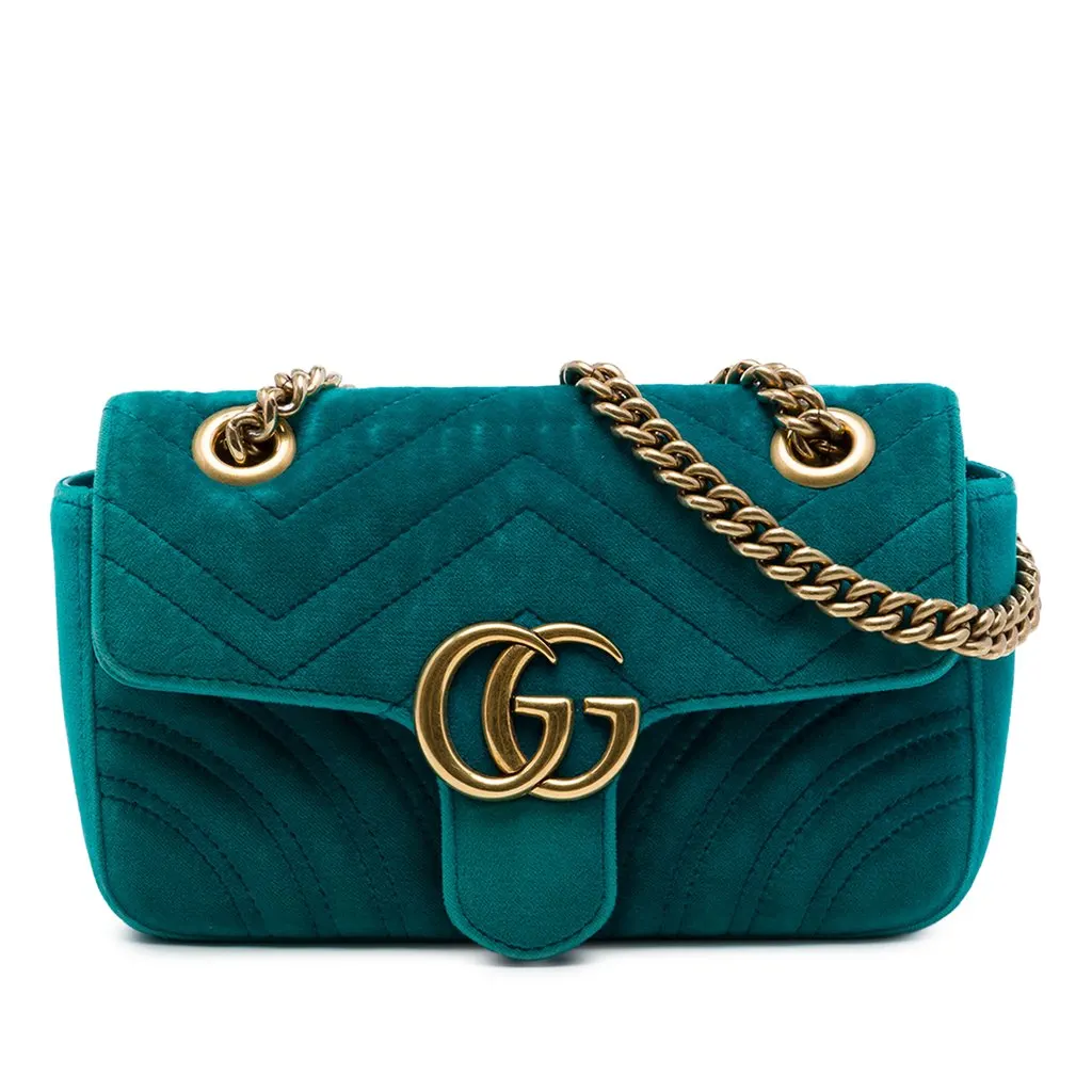 Gucci Small GG Marmont Matelasse Velvet Shoulder Bag Blue Velvet Good - Front View