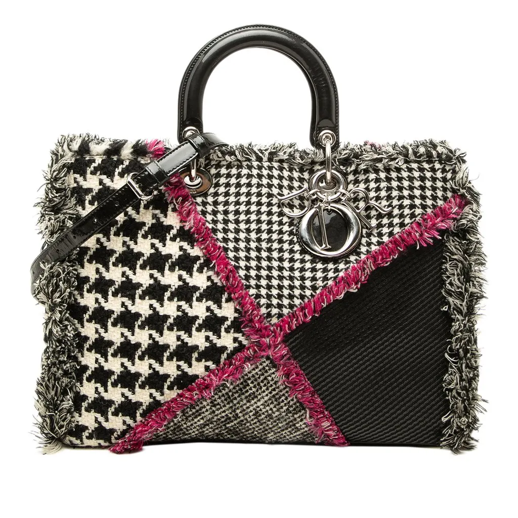 Dior Limited Edition Large Tweed Houndstooth Patchwork Diorissimo Satchel Black Tweed Good - Front View