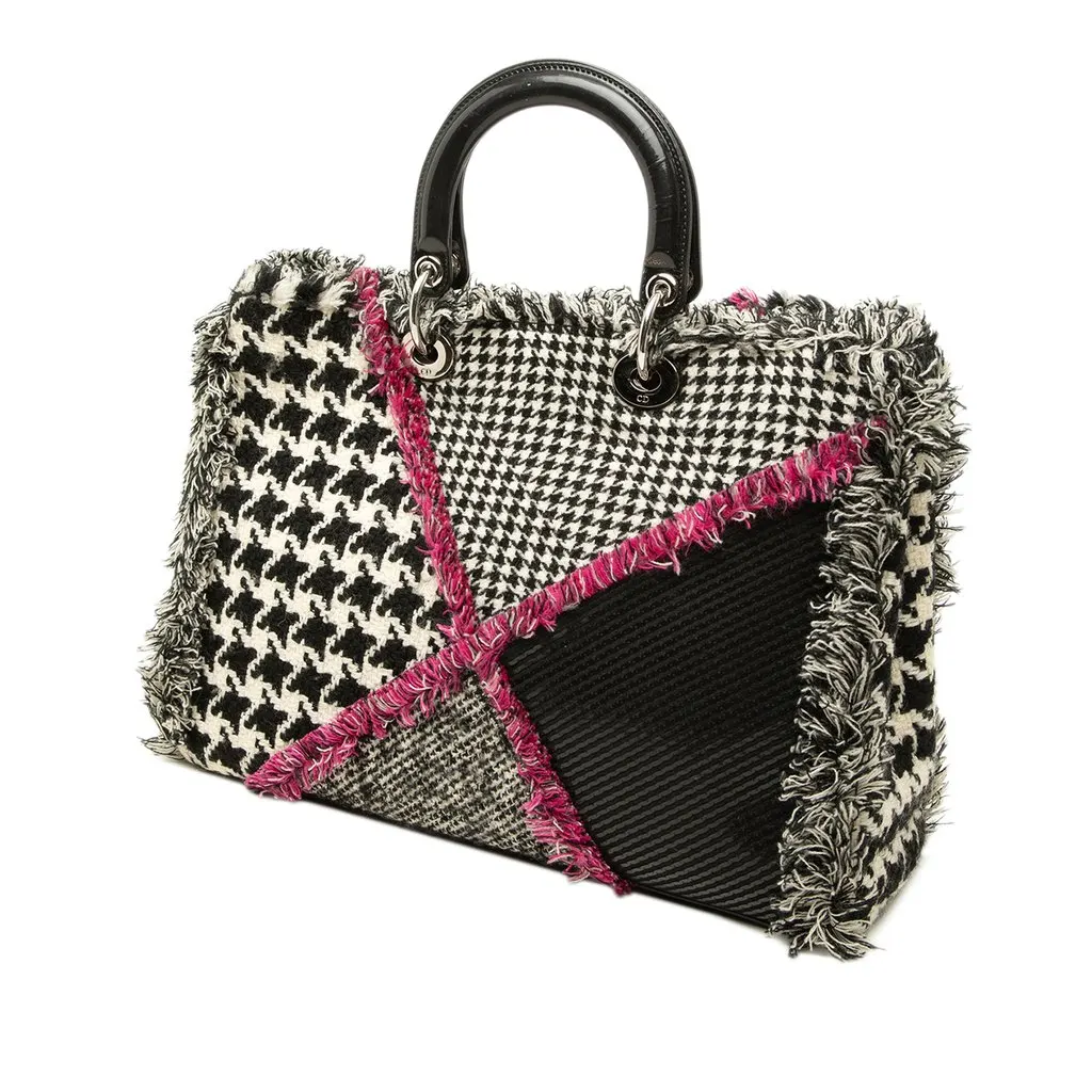 Dior Limited Edition Large Tweed Houndstooth Patchwork Diorissimo Satchel Black Tweed Good - Back View