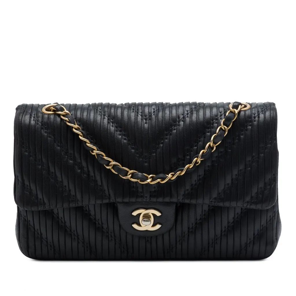 Chanel Medium Classic Chevron Calfskin Pleated Double Flap Black Leather Very good - Front View