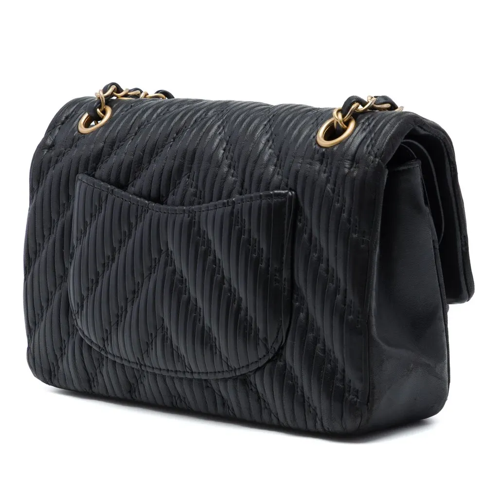 Chanel Medium Classic Chevron Calfskin Pleated Double Flap Black Leather Very good - Back View