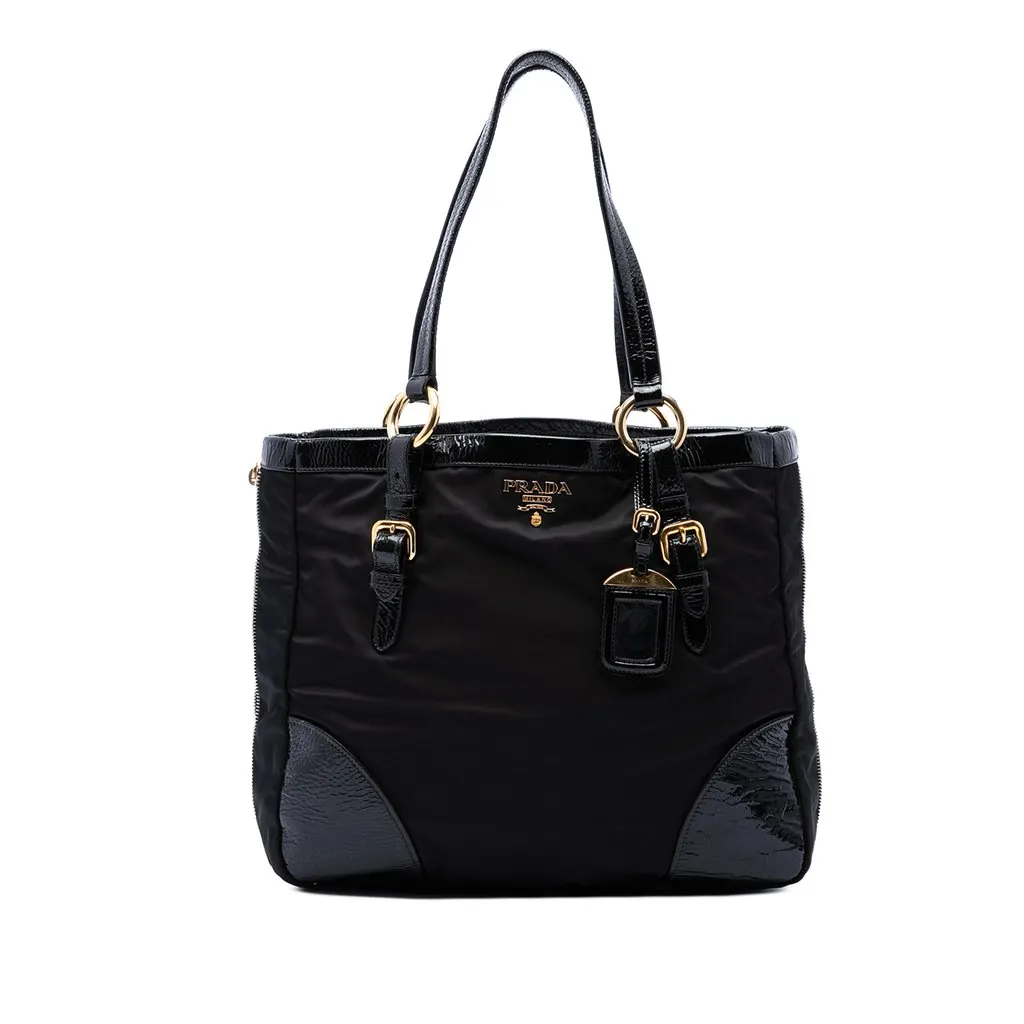 Prada Patent Trimmed Tessuto Expandable Zip Around Tote Black Polyamide Very good - Front View