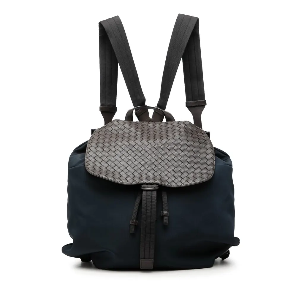 Bottega Veneta Canvas and Nappa Intrecciato Flap Backpack Blue Very good - Front View