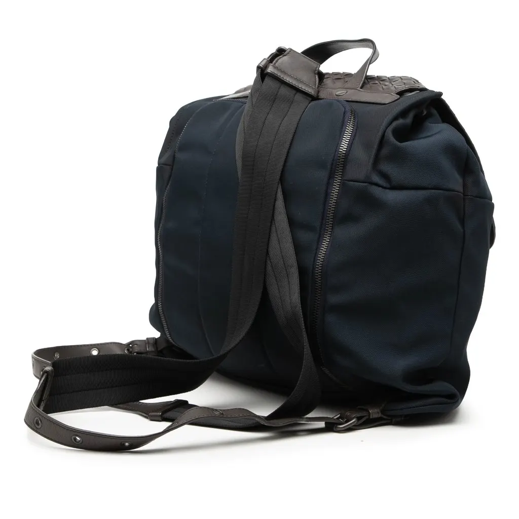 Bottega Veneta Canvas and Nappa Intrecciato Flap Backpack Blue Very good - Back View