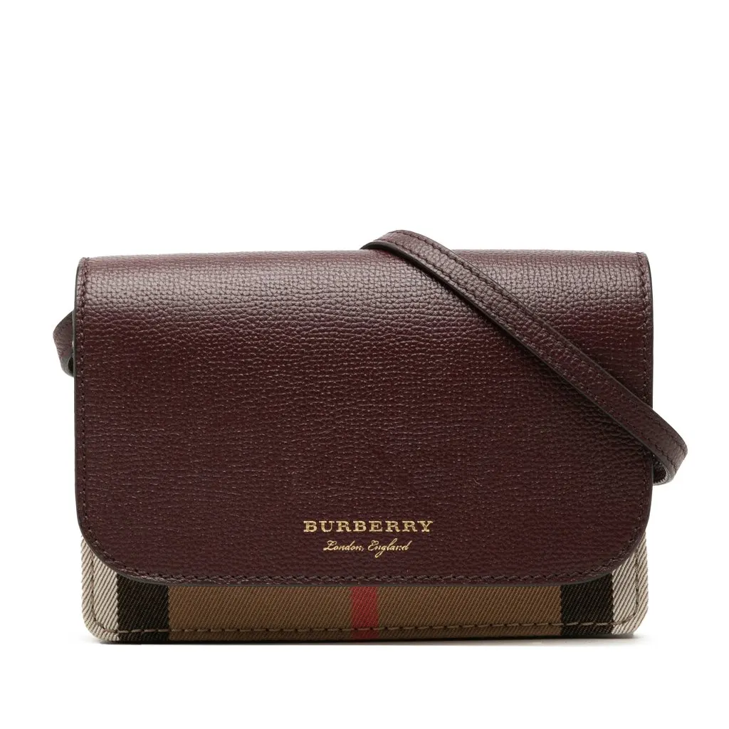 Burberry Grained Calfskin and House check Canvas Hampshire Wallet on Chain