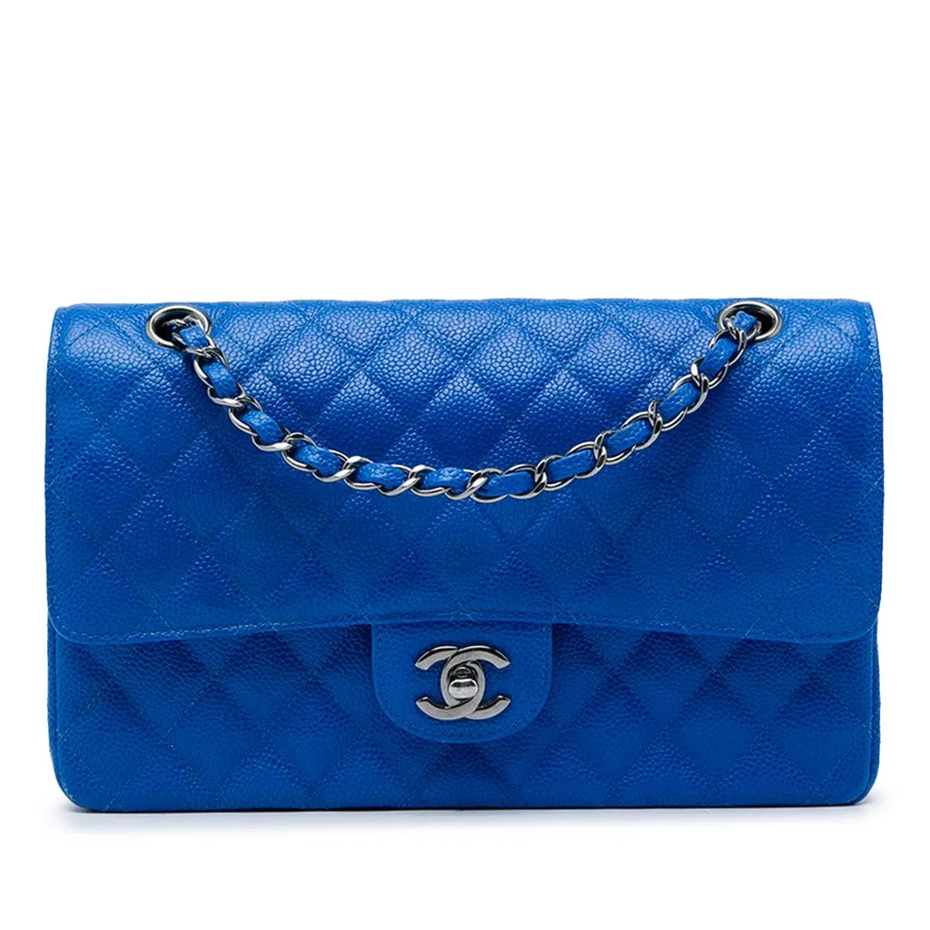 Chanel Medium Classic Caviar Double Flap Blue Leather Good - Front View