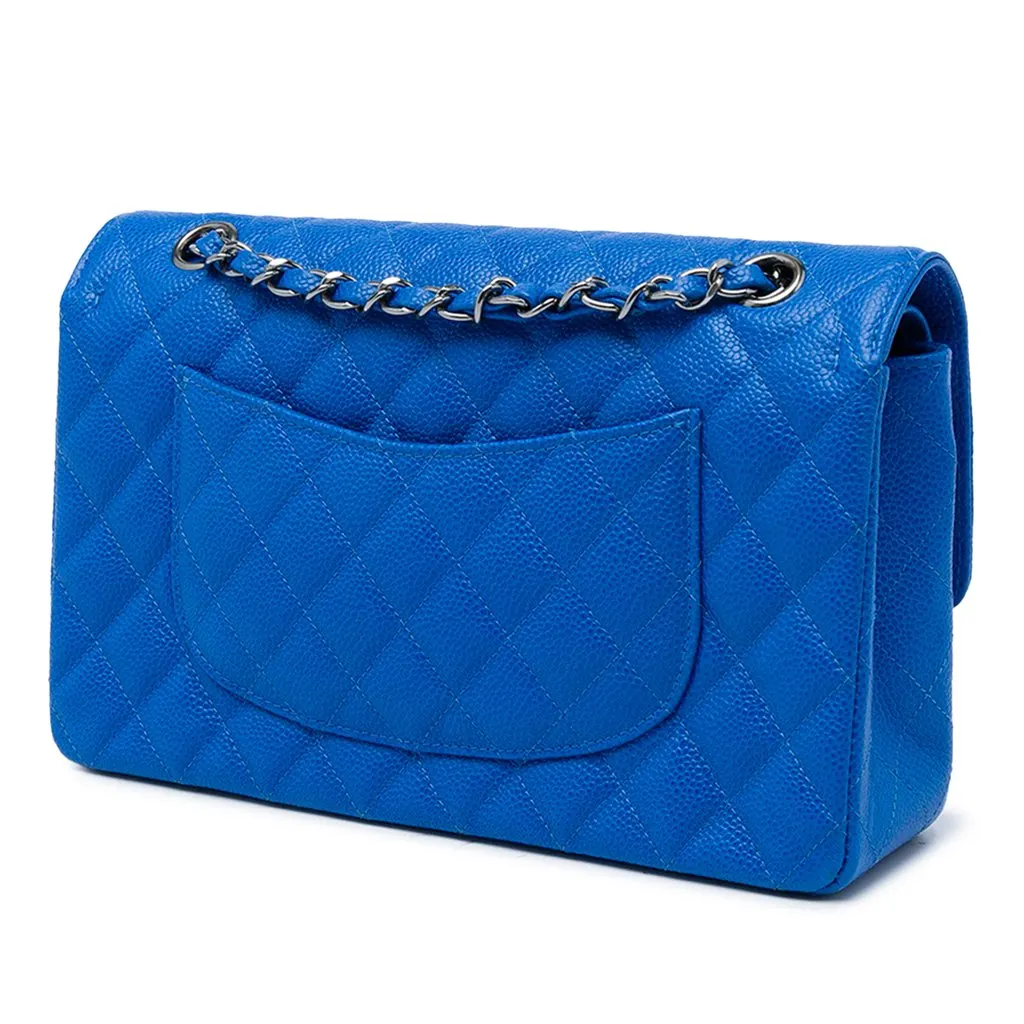 Chanel Medium Classic Caviar Double Flap Blue Leather Good - Back View