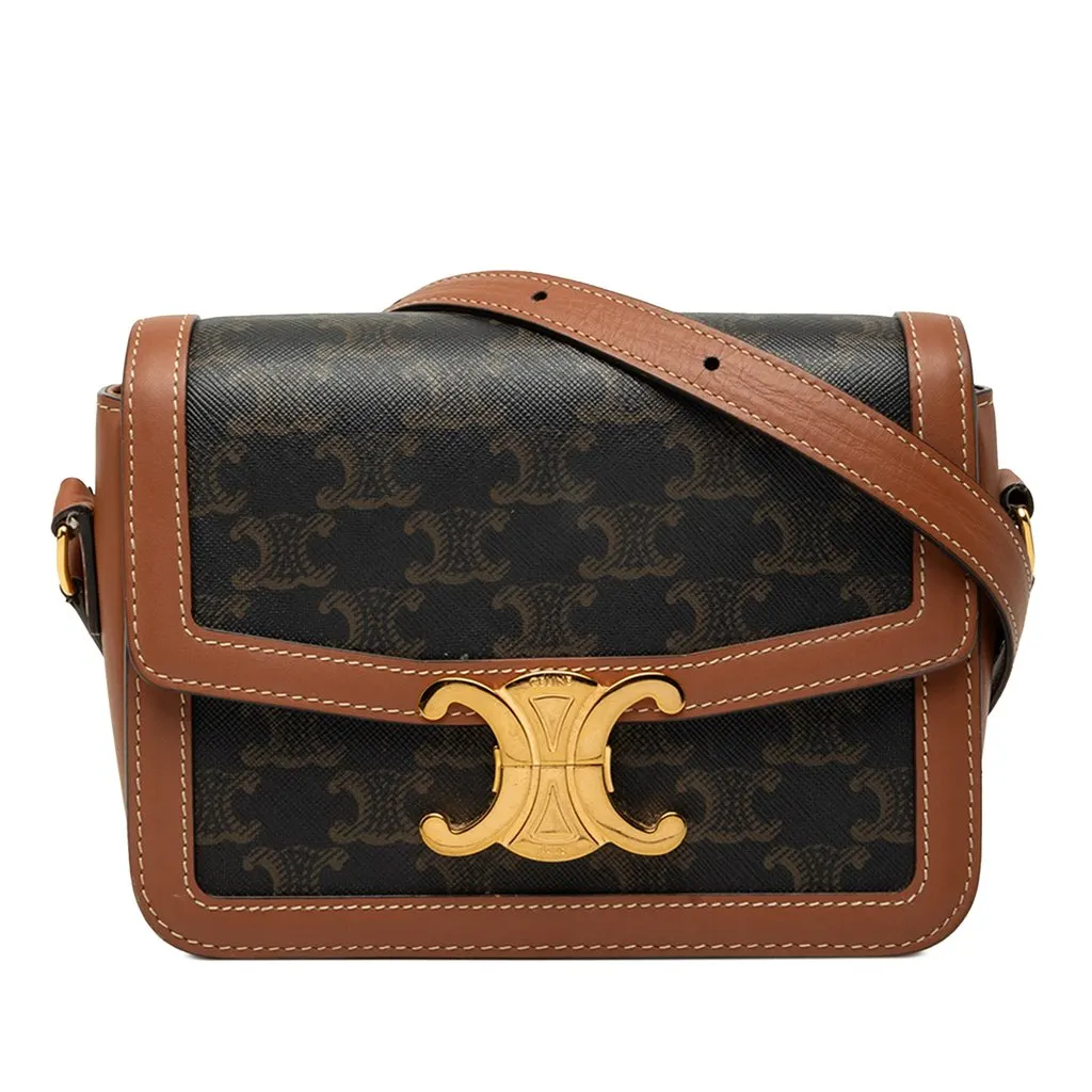 Celine Teen Triomphe Coated Canvas and Calfskin Triomphe Crossbody Brown Canvas Very good - Front View