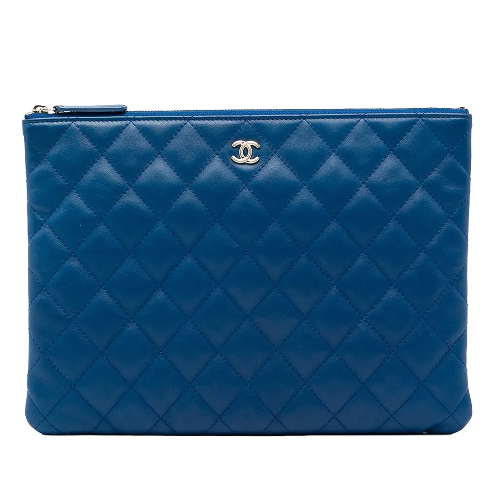 Chanel Medium Quilted Lambskin O Case Clutch Blue Leather Good - Front View
