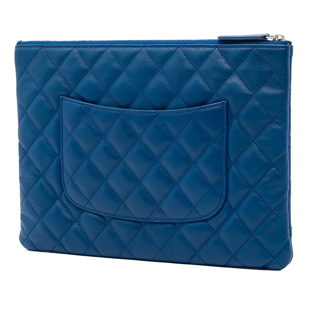 Chanel Medium Quilted Lambskin O Case Clutch Blue Leather Good - Back View