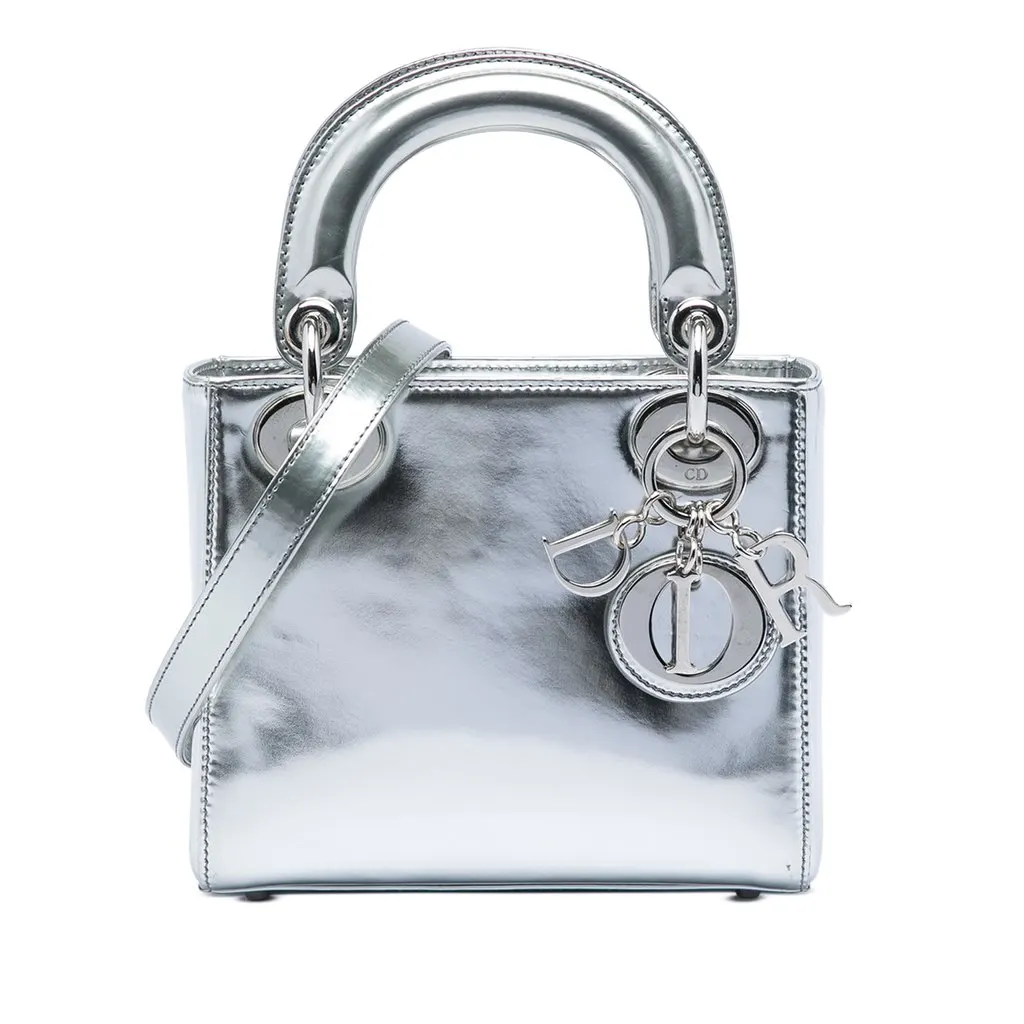 Dior Mini Metallic Patent Lady Dior Silver Leather Very good - Front View