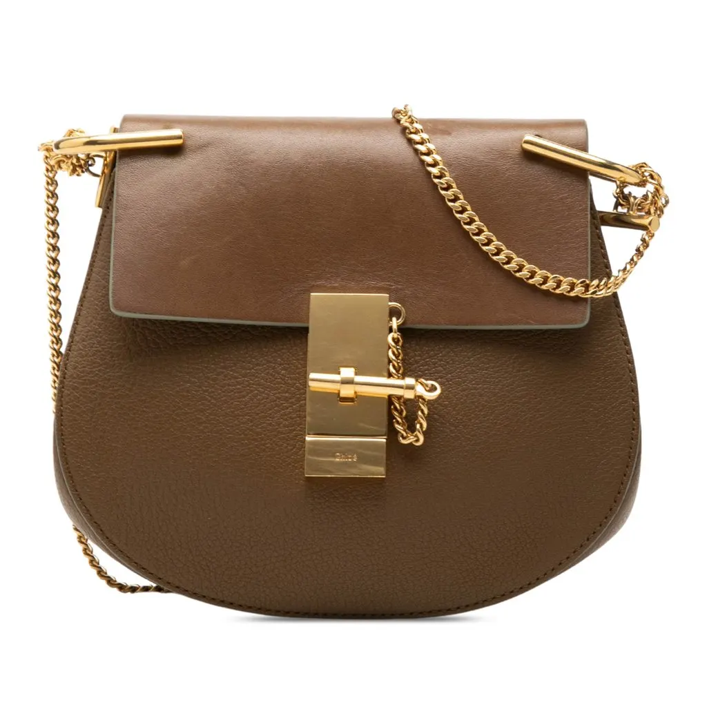 Chloé Mini Smooth and Grained Calfskin Drew Crossbody Brown Leather Very good - Front View
