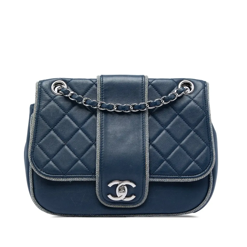 Chanel Medium Quilted Lambskin and Metallic Trim Elementary Chic Flap Blue Leather Very good - Front View
