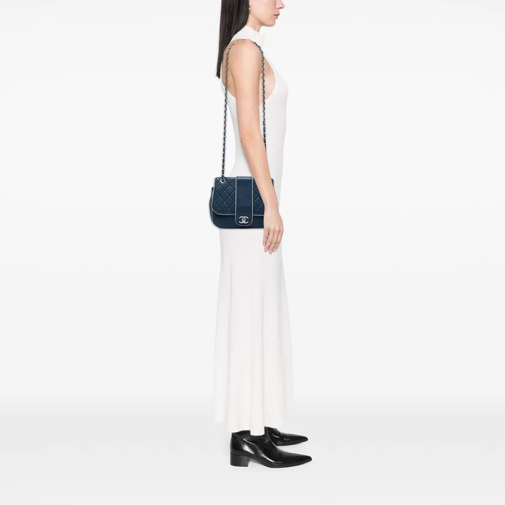 Chanel Medium Quilted Lambskin and Metallic Trim Elementary Chic Flap Blue Leather Very good - Box View