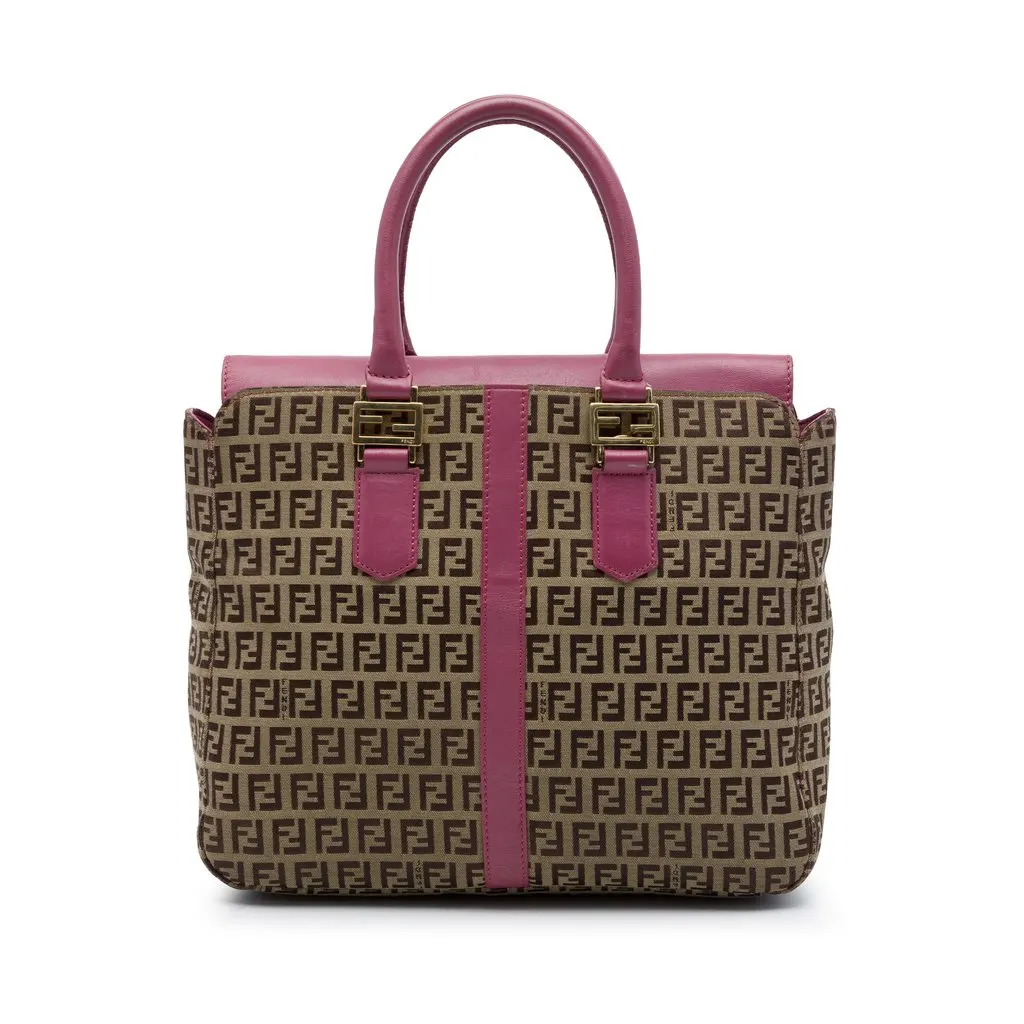 Fendi Leather Trimmed Zucchino Canvas Satchel Brown Canvas Good - Front View