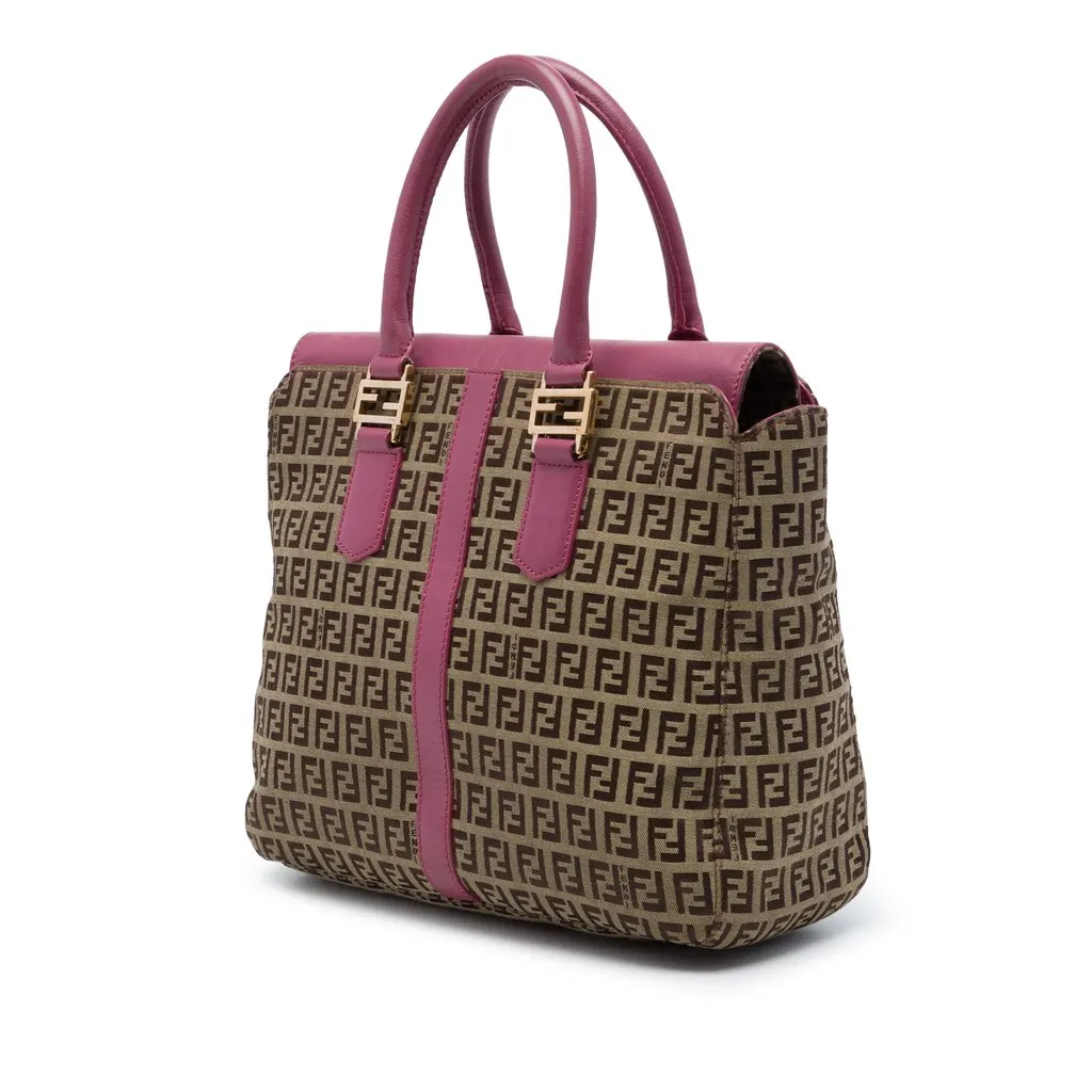 Fendi Leather Trimmed Zucchino Canvas Satchel Brown Canvas Good - Back View