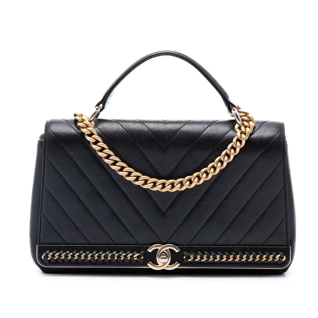 Chanel Chevron Sheepskin Stitched Chain Top Handle Flap Black Leather Very good - Front View