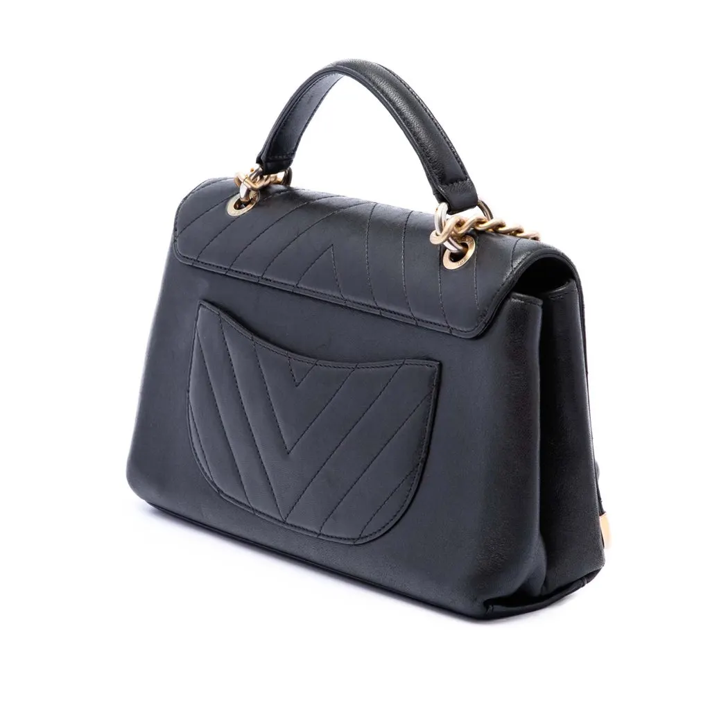 Chanel Chevron Sheepskin Stitched Chain Top Handle Flap Black Leather Very good - Back View