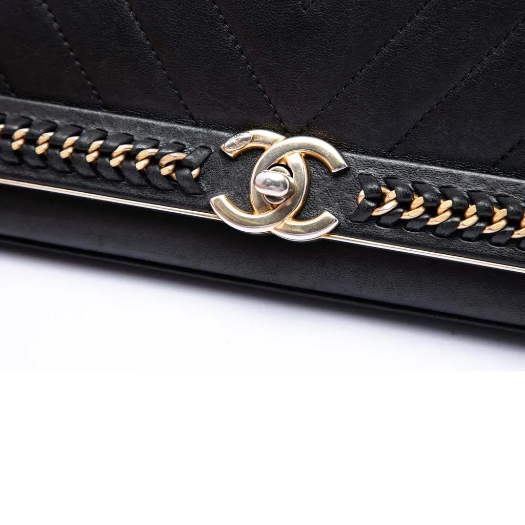 Chanel Chevron Sheepskin Stitched Chain Top Handle Flap Black Leather Very good - Box View