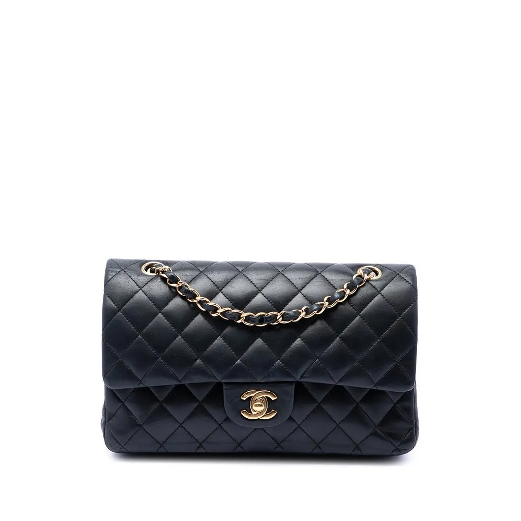 Chanel Medium Classic Lambskin Double Flap Black Leather Very good - Front View