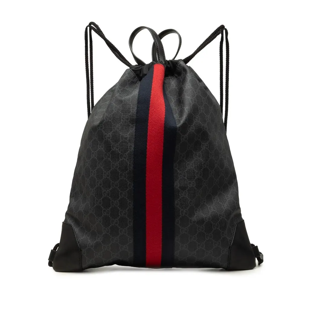 Gucci GG Supreme Web Drawstring Backpack Black Canvas Good - Front View