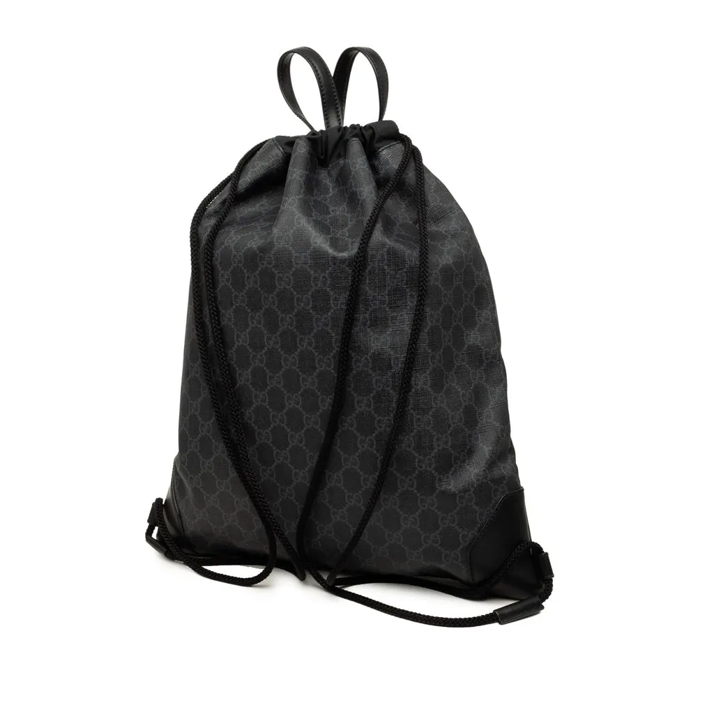 Gucci GG Supreme Web Drawstring Backpack Black Canvas Good - Back View
