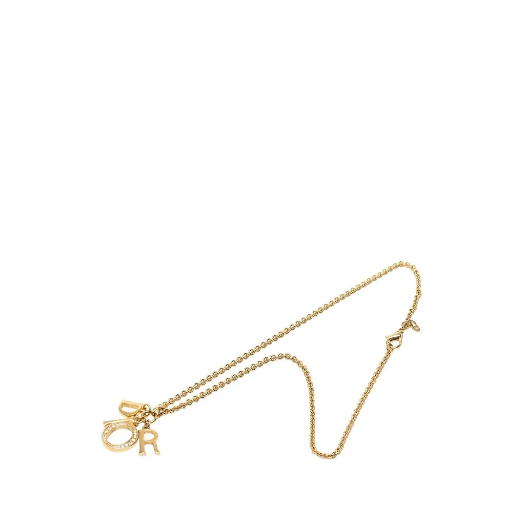 Dior Gold Plated Strass Logo Pendant Necklace Gold Metal Very good - Front View