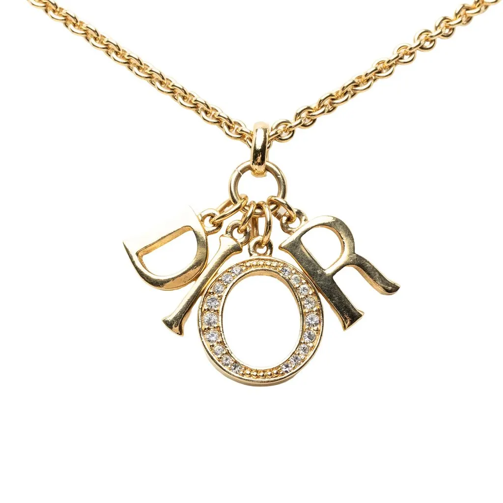 Dior Gold Plated Strass Logo Pendant Necklace Gold Metal Very good - Back View