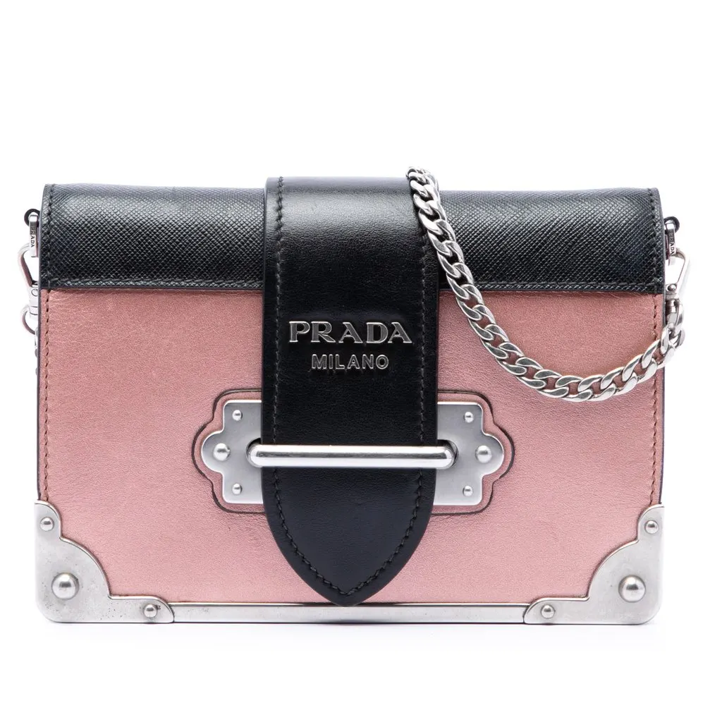 Prada Saffiano Trimmed Metallic City Calf Cahier Crossbody Pink Leather Very good - Front View