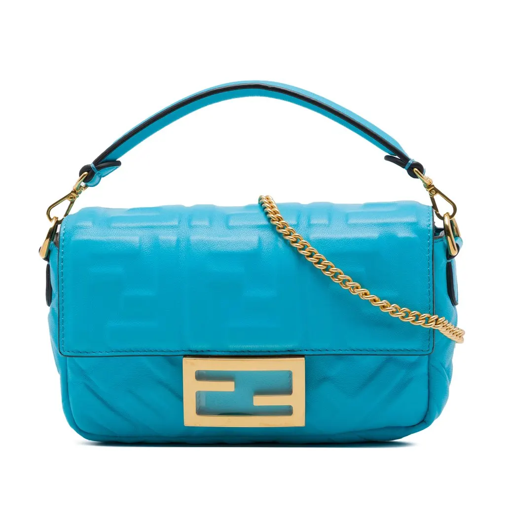 Fendi Mini Zucca Embossed Leather Baguette Satchel Blue Leather Very good - Front View