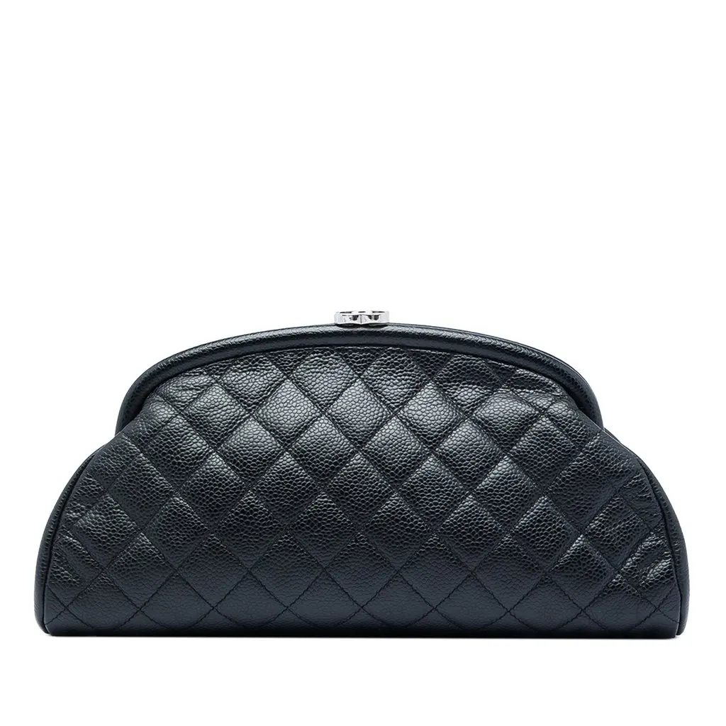 Chanel Quilted Caviar Timeless Kisslock Clutch Black Leather Very good - Front View
