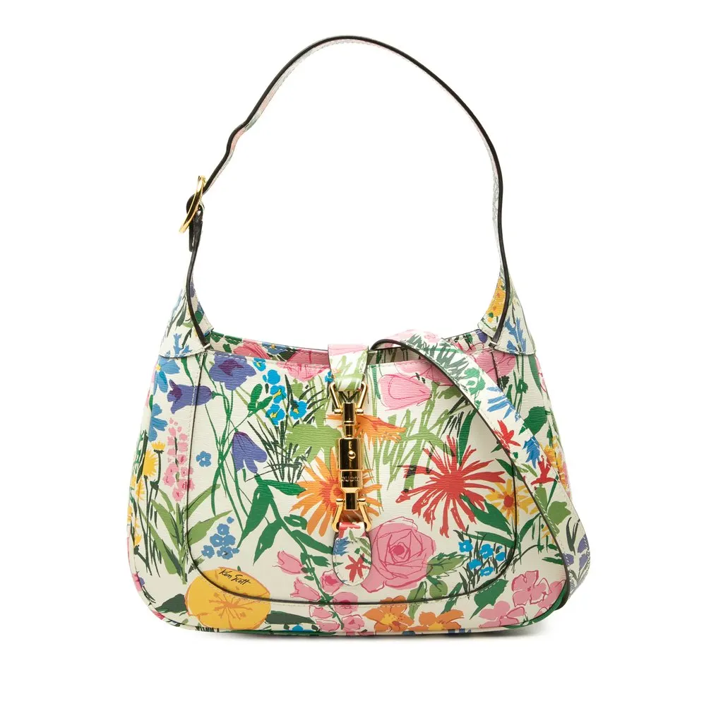 Gucci Ken Scott Small Calfskin Floral Print Jackie 1961 Crossbody White Leather Very good - Front View