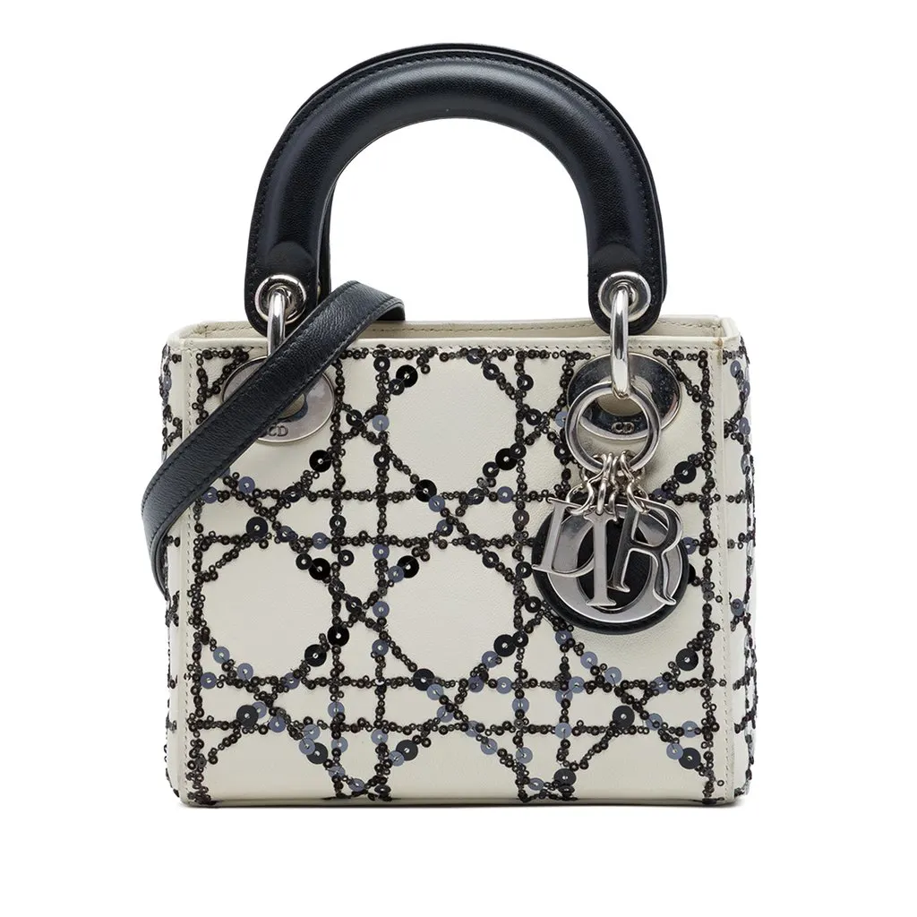 Dior Mini Calfskin Cannage Sequin Lady Dior White Leather Very good - Front View