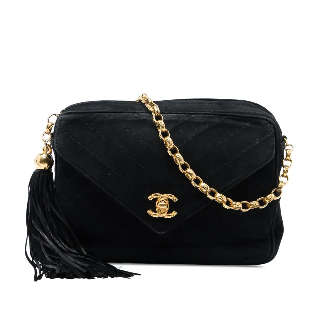 Chanel CC Quilted Suede Tassel Camera Bag Black Leather Very good - Front View