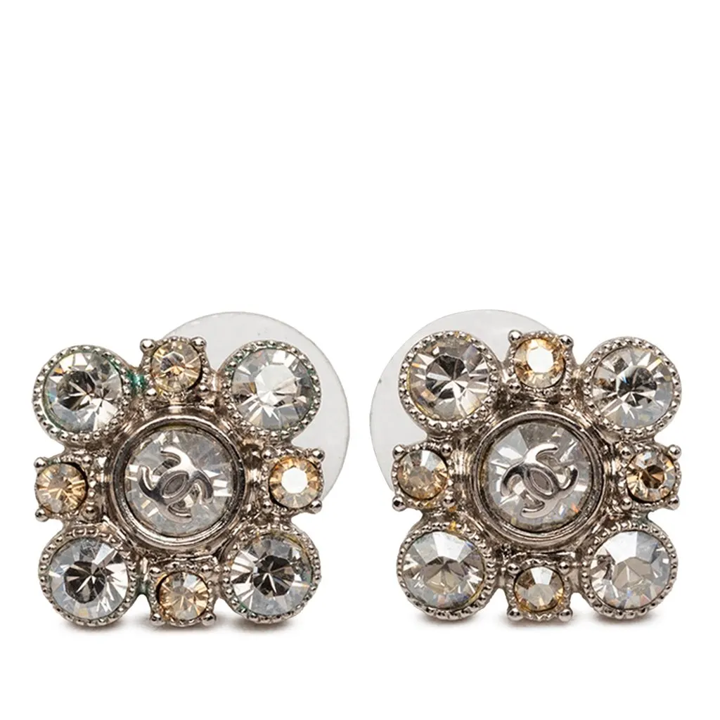 Chanel CC Brass Strass Floral Push Back Earrings Silver Metal Very good - Front View
