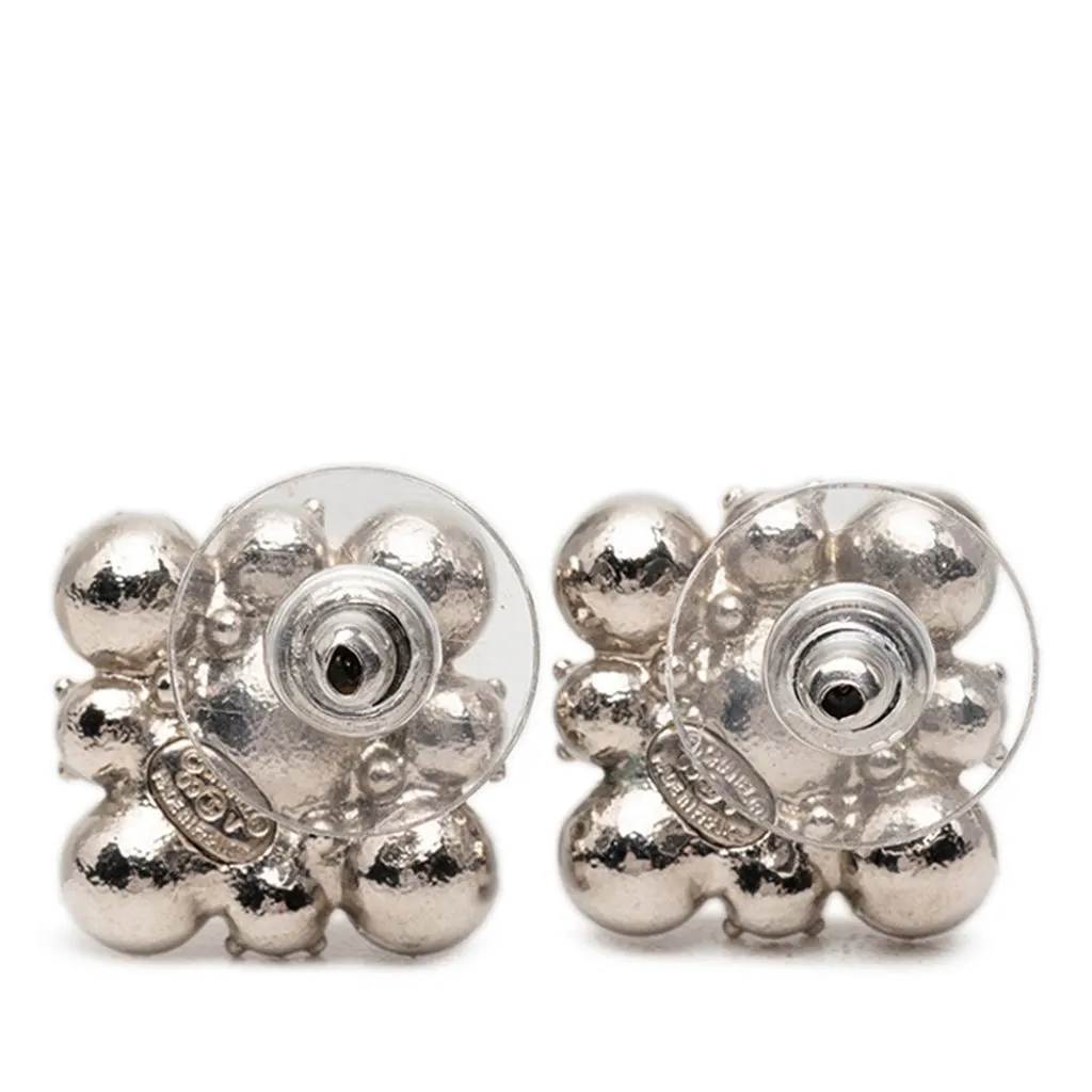 Chanel CC Brass Strass Floral Push Back Earrings Silver Metal Very good - Back View