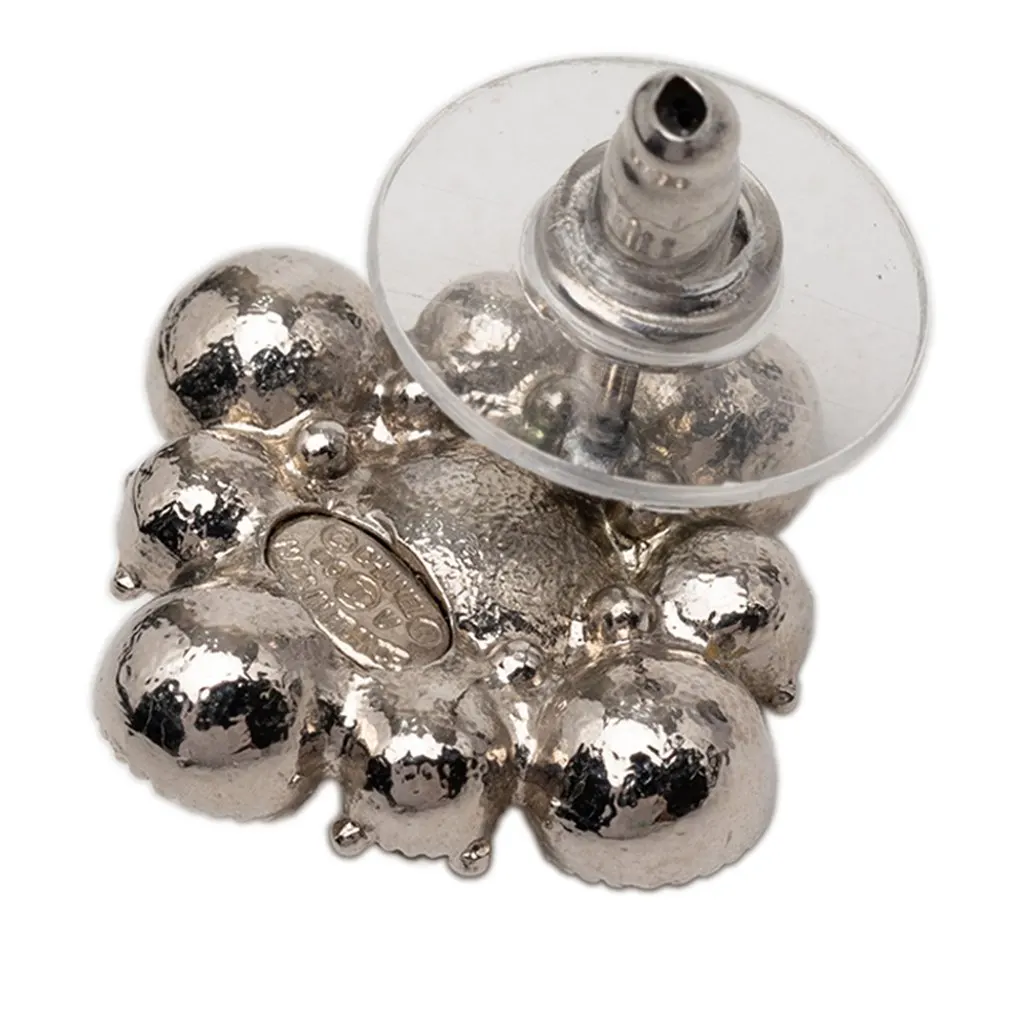 Chanel CC Brass Strass Floral Push Back Earrings Silver Metal Very good - Inside View