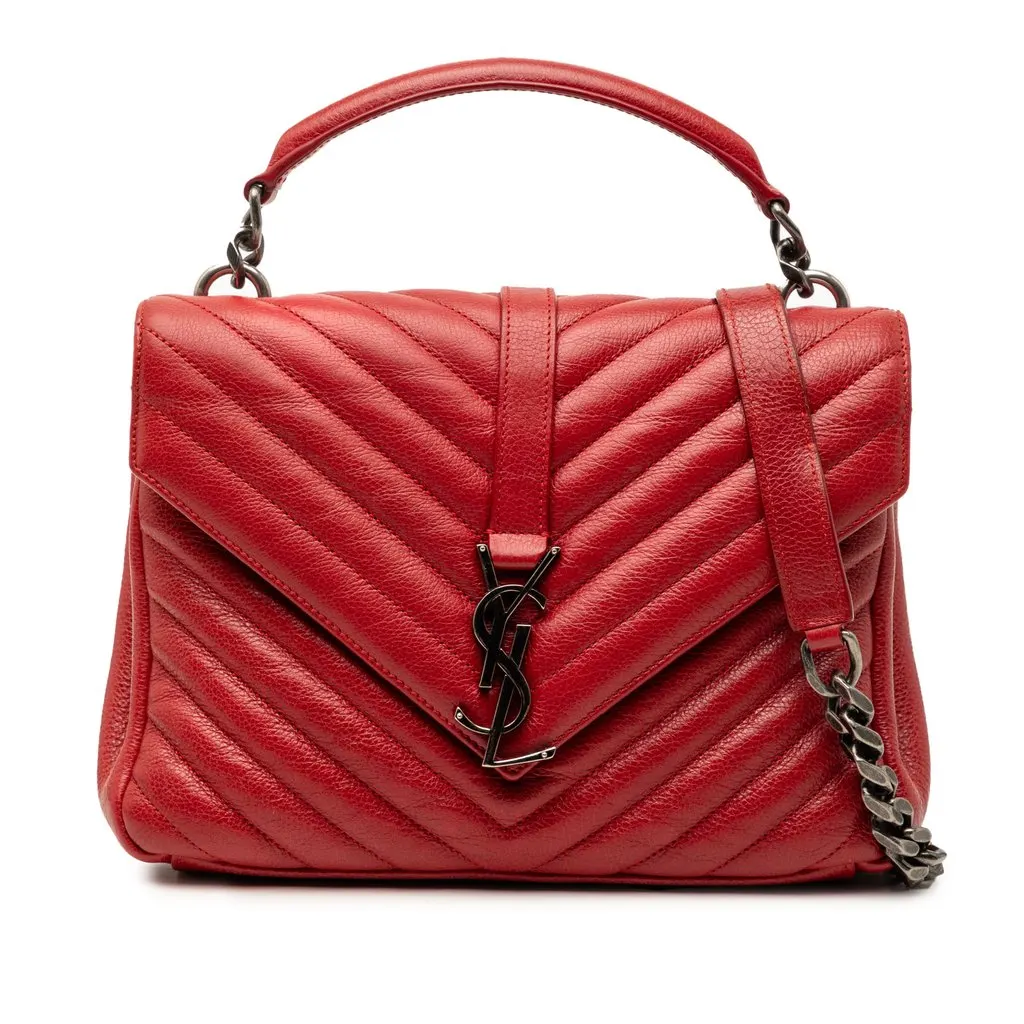 Saint Laurent Medium Chevron Sheepskin Monogram College Satchel Red Leather Very good - Front View