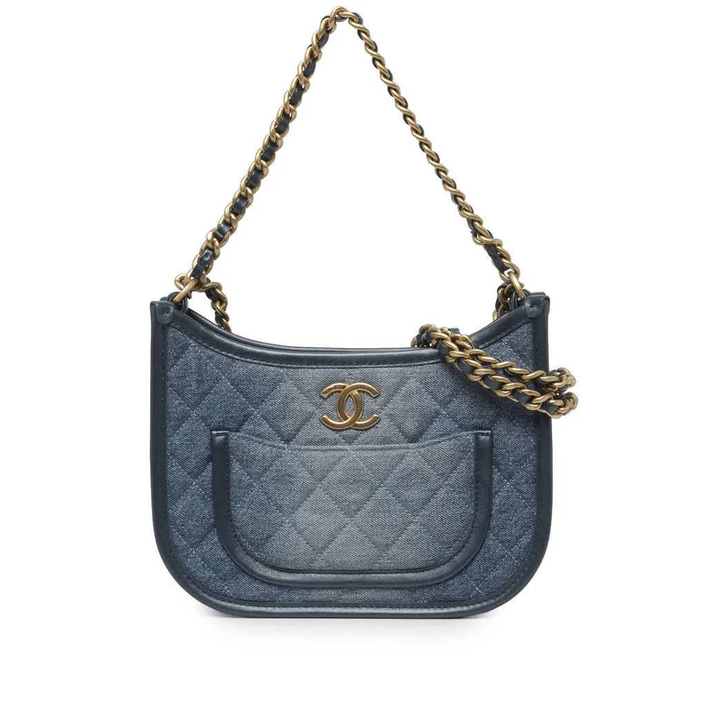 Chanel CC Quilted Denim Hobo Bag Blue Denim Very good - Front View
