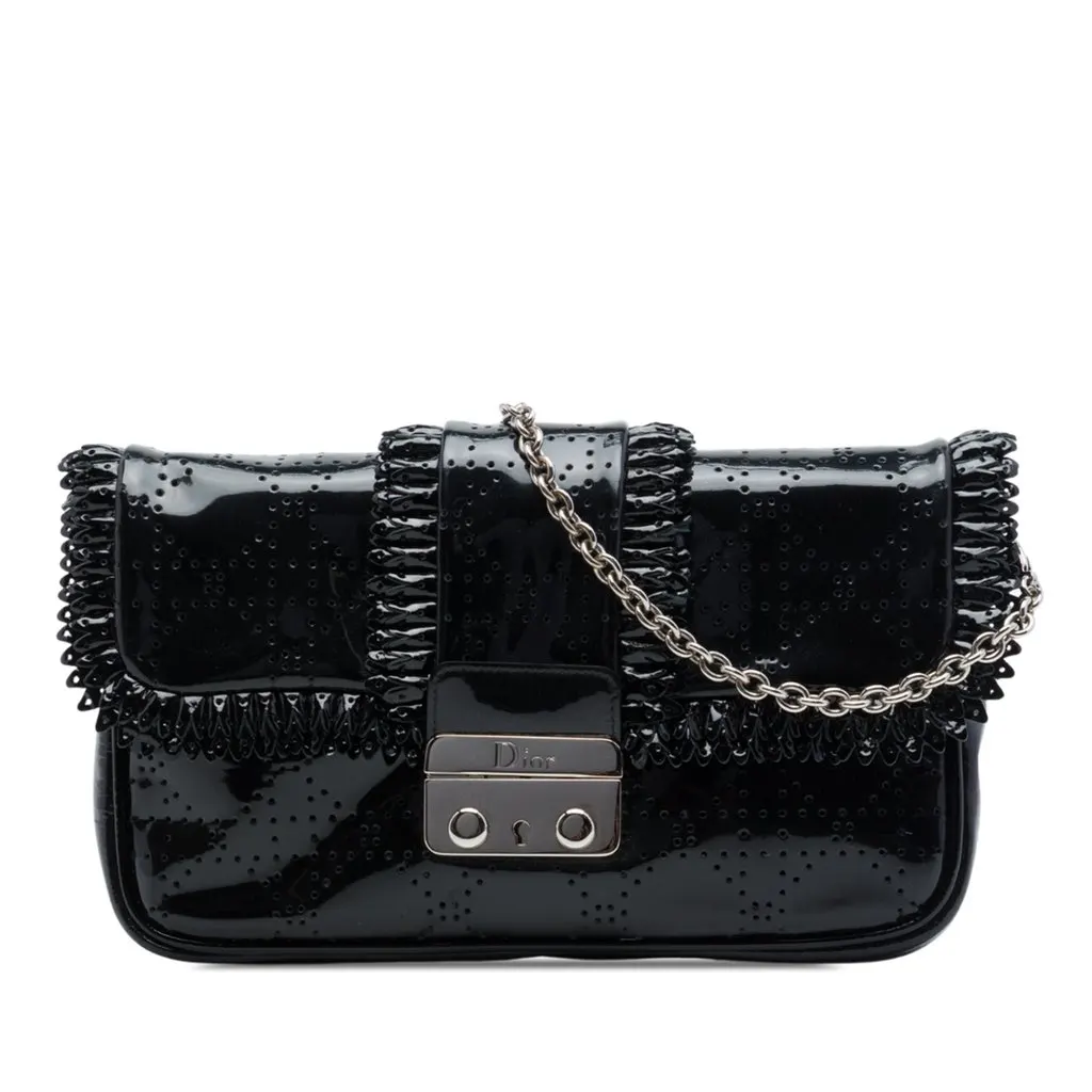 Dior Perforated Patent Cannage New Lock Ruffle Pouch Crossbody Black Leather Very good - Front View