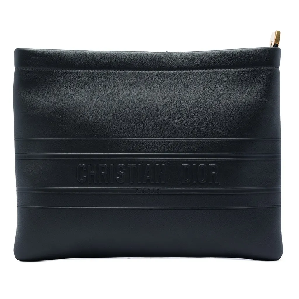 Dior Embossed Calfskin Logo Zip Clutch Black Leather Very good - Front View