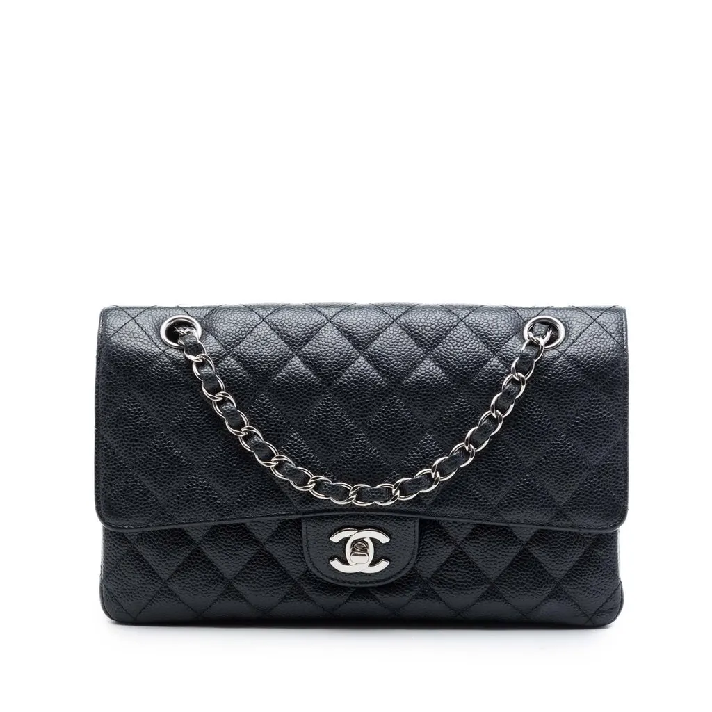 Chanel Medium Classic Caviar Double Flap Black Leather Very good - Front View