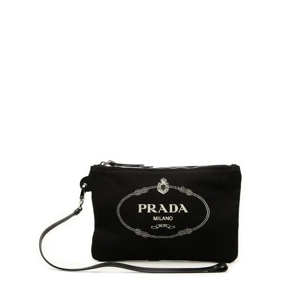 Prada Canvas Canapa Logo Wristlet Pouch Black Canvas Very good - Front View