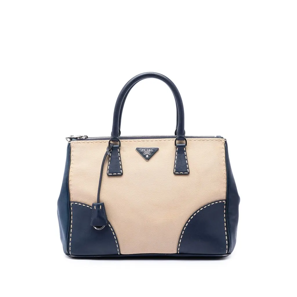 Prada Medium Canvas and City Calf Stitch Galleria Double Zip Satchel Beige Polyamide Good - Front View