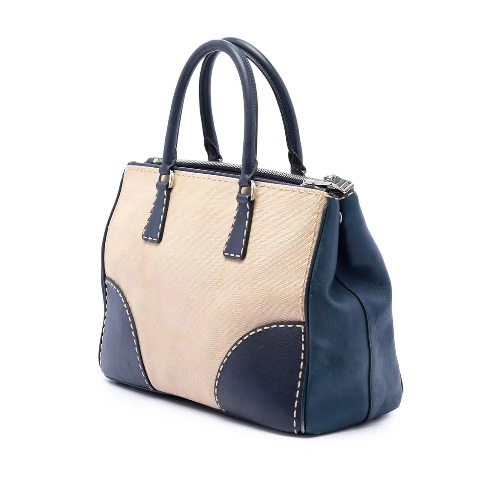 Prada Medium Canvas and City Calf Stitch Galleria Double Zip Satchel Beige Polyamide Good - Back View