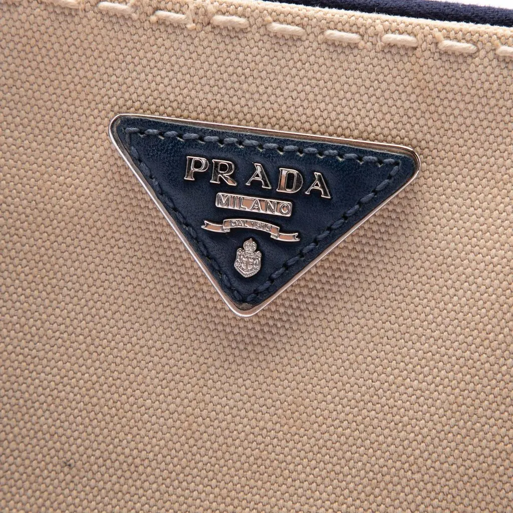Prada Medium Canvas and City Calf Stitch Galleria Double Zip Satchel Beige Polyamide Good - Box View